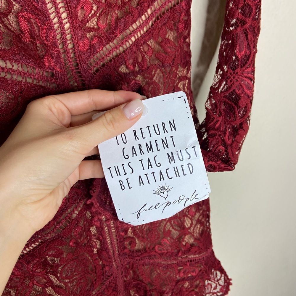 NWT For Love and Lemons Emerie Mini Burgundy Red Dress Lace Long Sleeves Size S - Picture 9 of 10